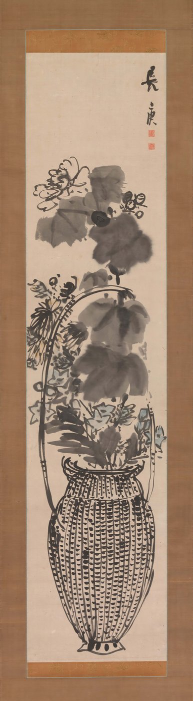 Herfstbloemen in een bamboemand, 1760s door Yosa Buson