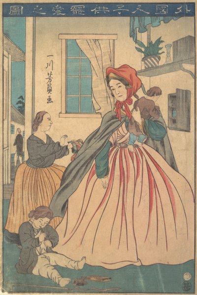 Een buitenlander geniet van haar kinderen, 1860 10e maand door Yoshikazu