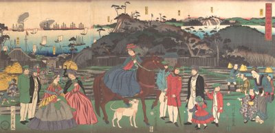 Buitenlanders Bezoeken de Beroemde Plaats van de Berg Gongen in Kanagawa, 2e maand, 1861 door Yoshikazu