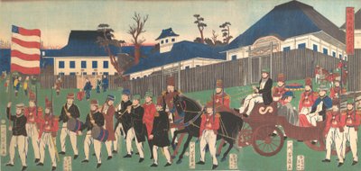Afbeelding van een processie van buitenlanders in Yokohama, 2e maand, 1861 door Yoshikazu