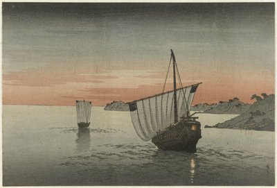 Twee zeilschepen langs de kust door Yoshimune (II) , Utagawa