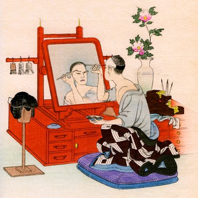 Traditioneel Japans theater: een acteur brengt make-up aan in zijn kleedkamer door Yoshimune Arai
