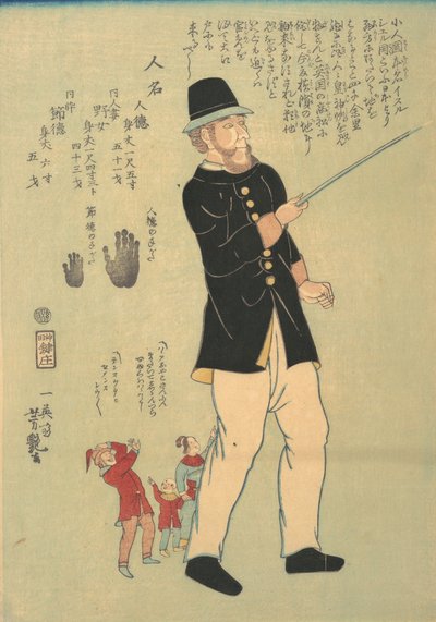Buitenlander Wandelt met een Pygmeeënfamilie, 5e maand, 1863 door Yoshitsuya