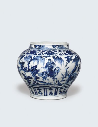 Een uitzonderlijk zeldzame en belangrijke blauw-witte pot, Guan door Yuan Dynasty Chinese School