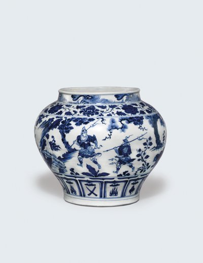 Een uitzonderlijk zeldzame en belangrijke blauw-witte pot, Guan door Yuan Dynasty Chinese School