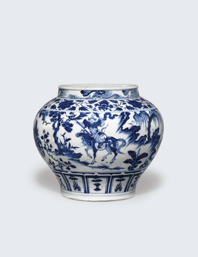 Een uitzonderlijk zeldzame en belangrijke blauw-witte pot, Guan door Yuan Dynasty Chinese School