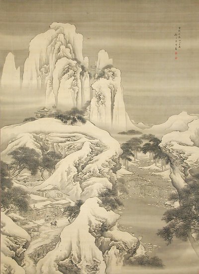 Herberg en reizigers in besneeuwde bergen door Yuan Yao
