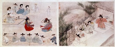 Koreaanse kunst: gevechtsscène van vrouwen, scène uit het dagelijks leven. Prenten door Sin Yun Bok (of Hyewon, 1758). 18e of 19e eeuw. Hyung Pil Chun Collectie door Yun bok Sin