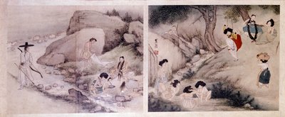 Koreaanse kunst: vrouwen die hun kleren wassen en zich aankleden, en vrouwen die hun toilet maken en zichzelf vermaken door Yun bok Sin