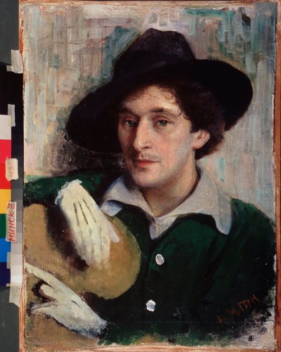 Portret van de kunstenaar Marc Chagall (1887-1985), met een zwarte hoed en witte handschoenen, hij houdt nonchalant zijn palet vast, schilderij van Yuri Moiseyevich Pen (1854-1937), olie op doek, circa 1910, Russische kunst, 20e eeuw, Nationaal Kunstmuseum door Yuri Moiseyevich Pen