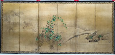 Winter- en zomerbloemen, een van een paar zesdelige vouwschermen door Yusho Kaiho