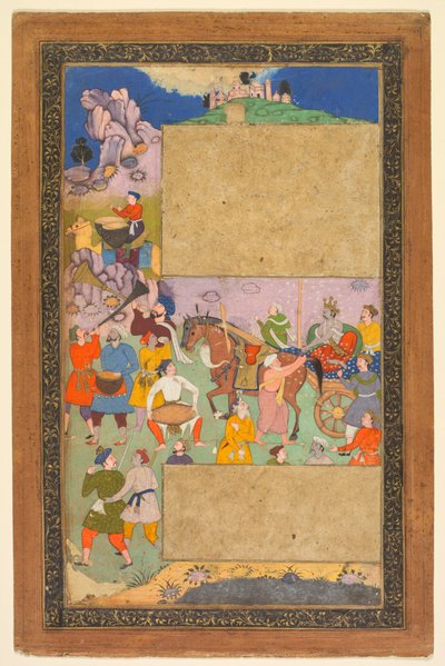 Een wagenmenner die door een rotsachtig landschap rijdt met een gevolg van voetgangers en muzikanten..., 1616-16 door Yusuf Ali