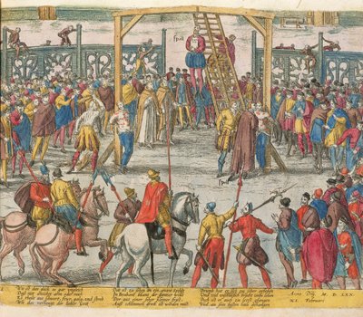 De executie van Spell van Brabant, die andere onschuldige mensen weer tot leven had gebracht door Zacharias (school of) Dolendo