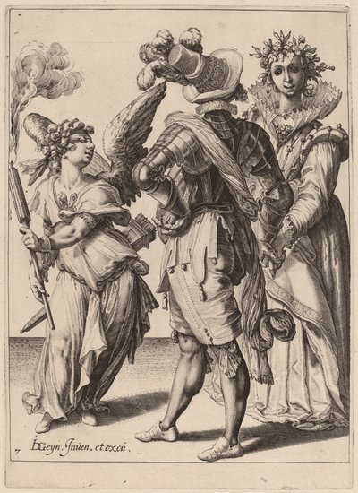 Een geblinddoekte Cupido die een fakkel voor een paar houdt door Zacharias Dolendo after Jacques de Gheyn II