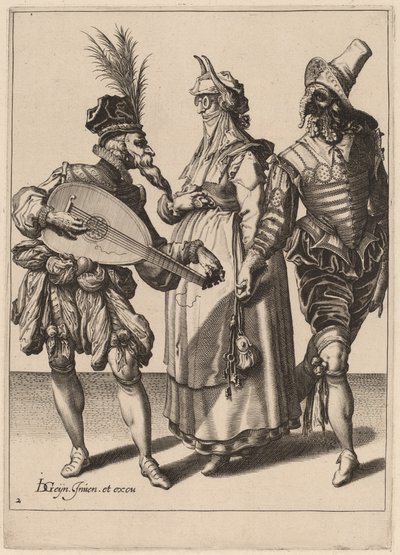 Een paar aangesproken door een luitspeler door Zacharias Dolendo after Jacques de Gheyn II