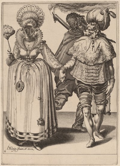 Een Man met een Tulband die een Vrouw met Pauwenveren Leidt door Zacharias Dolendo after Jacques de Gheyn II