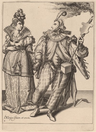 Een Vrouw Geleid door een Speler met een Fakkel door Zacharias Dolendo after Jacques de Gheyn II