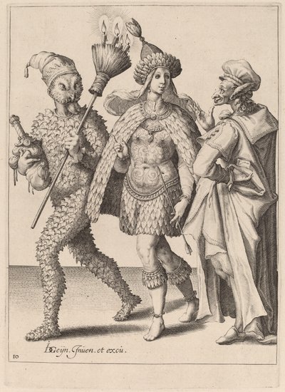 Een oude mummer spreekt een stel in veren aan door Zacharias Dolendo after Jacques de Gheyn II