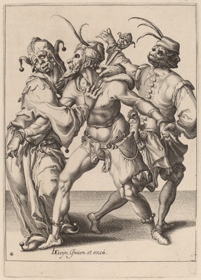 Drie dansende narren, inclusief een nar door Zacharias Dolendo after Jacques de Gheyn II