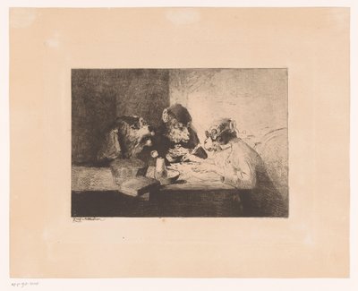 Aangeklede aap geeft schrijfles aan een hond en aap door Zacharie Noterman