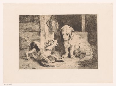 Twee honden bij een lantaarn en bord met eten door Zacharie Noterman