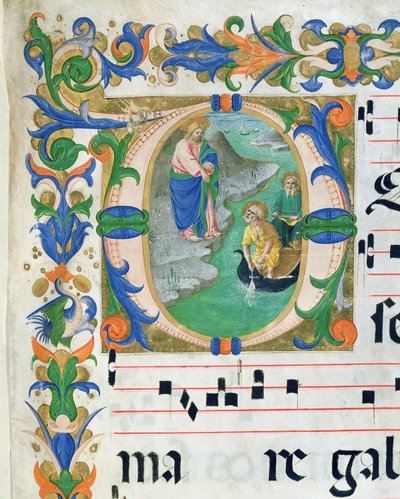 Ms 515 f.1r Het wonderbaarlijke vissen, uit een koorboek, uitgevoerd voor 1449 (detail) door Zanobi di Benedetto Strozzi