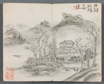 Miniatuuralbum met figuren en landschap (Landschap met heuvel, huis, boot en brug) door Zeng Yandong