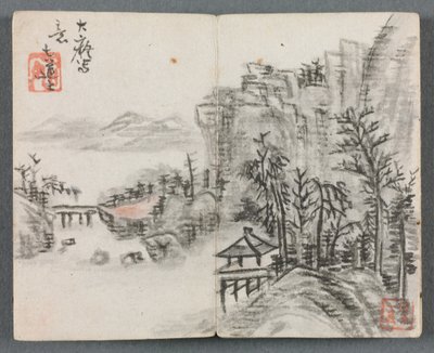 Miniatuuralbum met figuren en landschap Kliflandschap met brug, 1822 door Zeng Yangdong