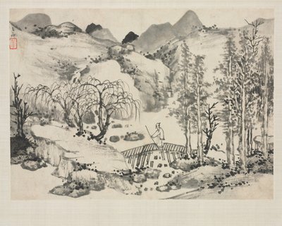 Landschapsalbum in verschillende stijlen: Landschap met kunstenaar op een brug door Zha Shibiao