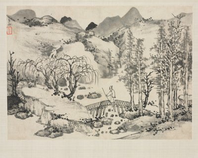 Landschapsalbum in verschillende stijlen: Landschap met kunstenaar op een brug, 1684 door Zha Shibiao