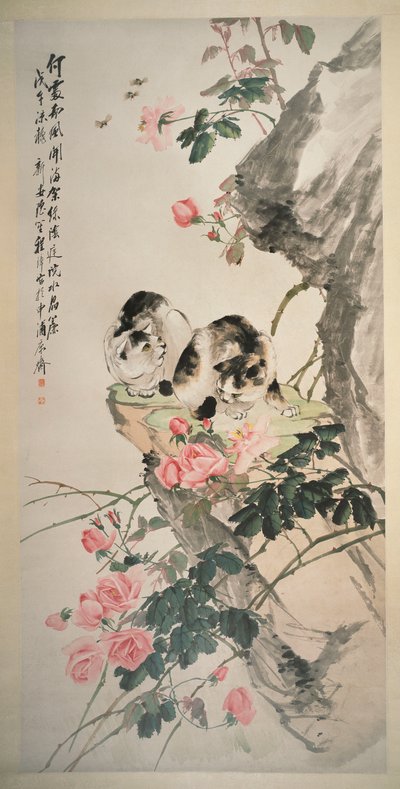 Katten op een Rots met Rozen door Zhang Cheng