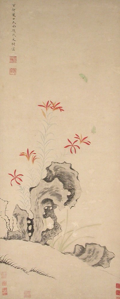 Rots, Tijgerlelie en Orchidee, gedateerd 1627 door Zhao Wenchu