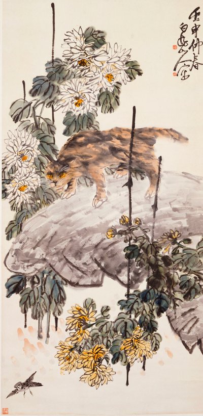 Kat, Vogel en Chrysanten door Zhen Wang