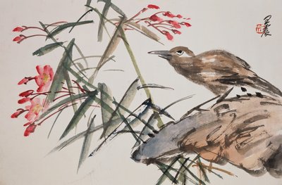 Blad uit een album met bloem- en vogelafbeeldingen door Zhen Wang