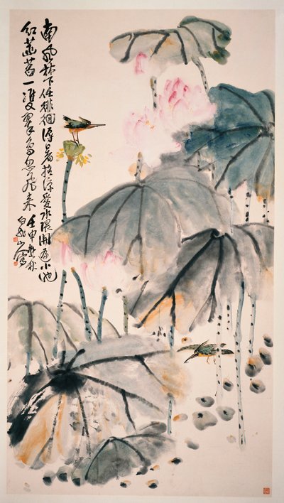 Lotus en Groene Vogels door Zhen Wang