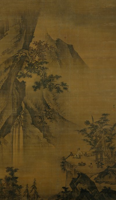 Geleerde kijkt naar een waterval, laat 15e eeuw door Zhong Li