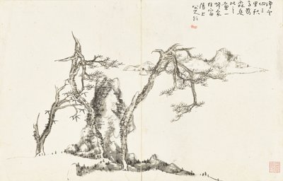 Landschappen en bloemen, album van zes bladen door Zhu da Bada Shanren