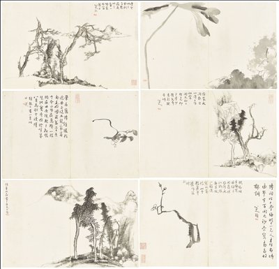 Landschappen en bloemen, album van zes bladeren door Zhu da Bada Shanren