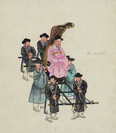 Een hoge Koreaanse ambtenaar, mogelijk de premier, gedragen in een sierlijke draagstoel, ca. 1890 door . .