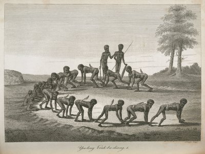 Aboriginal mannen die honden imiteren, Australië door Frederick (attr. to) Barnard