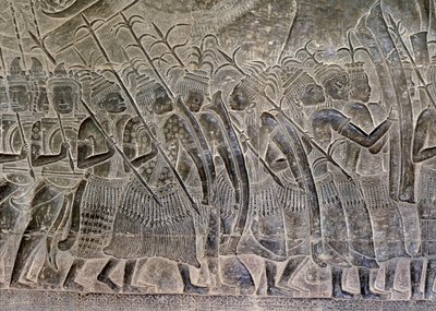 Angkor Wat, Angkor, Cambodja, begin 12e eeuw met latere toevoegingen. Dit detail van de reliëfs in de galerij toont de THAI mensen die marcheren als bondgenoten van het Khmer-leger door Hippolyte Lalaise Devéria
