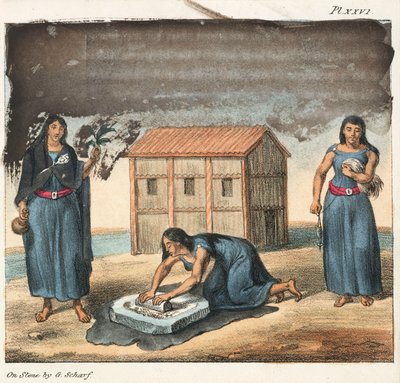 Araucano Indiaanse vrouwen malen maïs en spinnen, Chili door Frederick (attr. to) Barnard