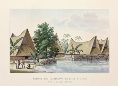 Architectuur Huizen op Oualan, Caroline-eilanden door Frederick (attr. to) Barnard