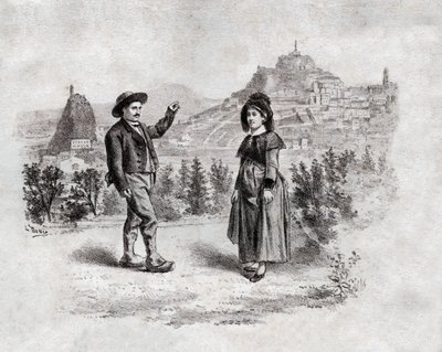 Auvergnats dansen de vulling in Puy en Velay, Frankrijk. circa 1900 (gravure) door . .