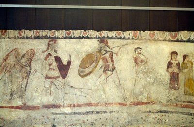 Gevechtsscène tussen twee krijgers, fresco uit Necropolis in Andriuolo-Laghetto in Paestum, Campania, Italië, Oude Griekse beschaving, Magna Graecia, 4e eeuw v.Chr. door William Walcutt