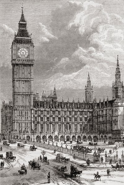 Big Ben en de Houses of Parliament, Londen, Engeland, gezien in de 19e eeuw. door . .