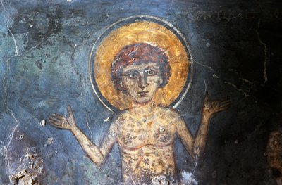Christus, fresco in Byzantijnse kerk van Agios Georgios Sfakiotis, Diavaide, Kreta, Griekenland door Georg Carl Heinrich Dollmann
