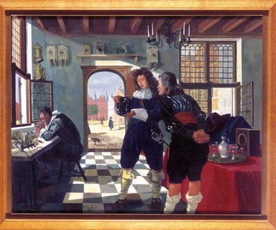 Klok- en horlogemakers Christiaan Huygens in de klokkenmakerswinkel van Salomon Coster door Frederick (attr. to) Barnard