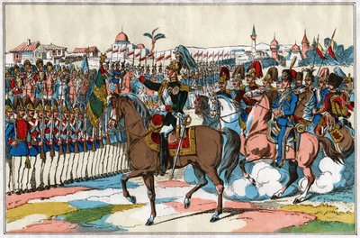 Keizer Alexander II inspecteert zijn troepen voor de oorlogsverklaring aan Turkije door . .