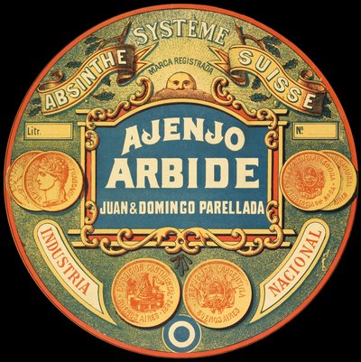 Etiket van het Argentijnse absintmerk Ajenjo Arbide door Frederick (attr. to) Barnard